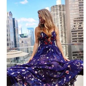 NWT Mac Duggal Embroidered Bustier Gown Dress Indigo